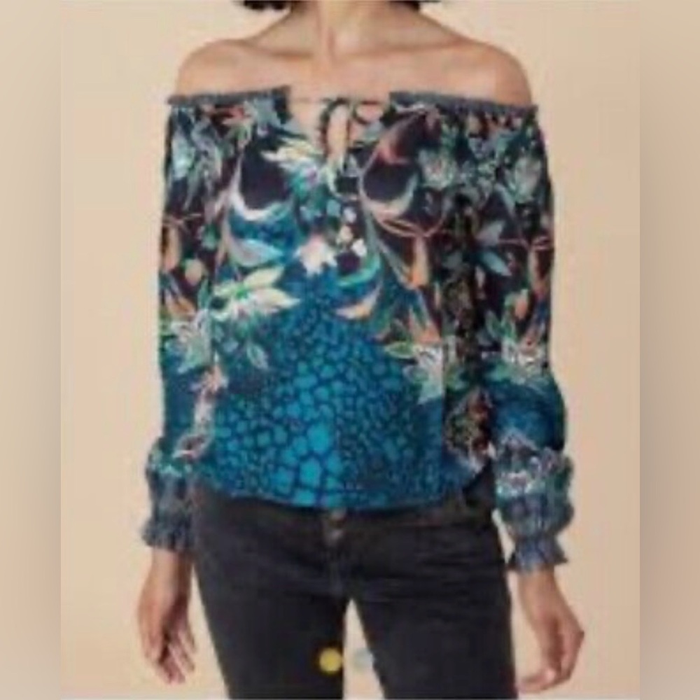 Hale Bob Silk Blend Off Shoulder Tassel tie Long Sleeve Top in Small size